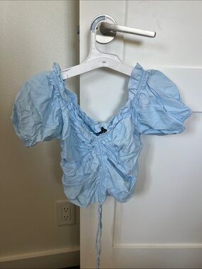 Light Blue Ruched Puff-Sleeve Crop Top